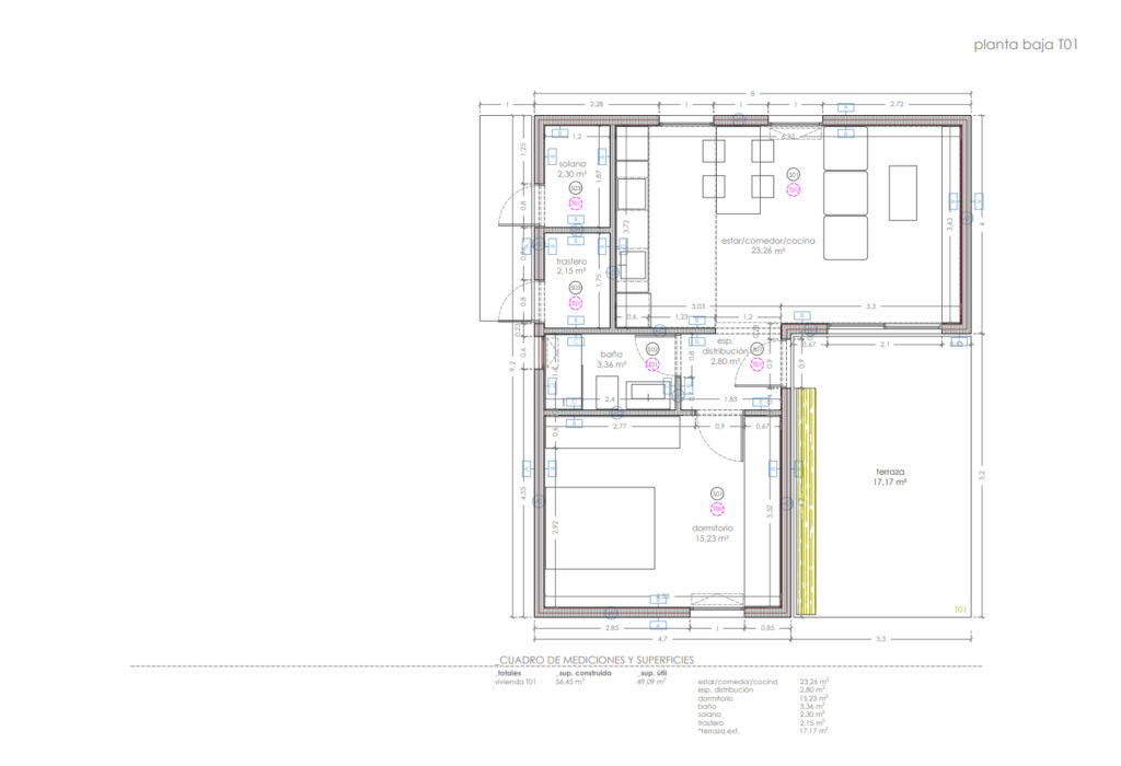 Planos arquitectónicos de la Tipología T01 - Vivienda Prefabricada en La Palma de 1 Dormitorio, 1 baño, estar/comedor/cocina, solana y almacén.