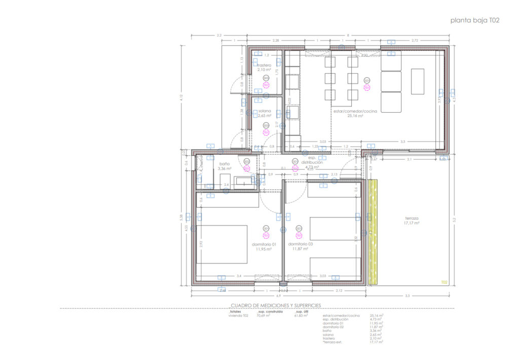 Planos arquitectónicos de la Tipología T02 - Vivienda Prefabricada en La Palma de 2 Dormitorios, 1 baño, estar/comedor/cocina, solana y almacén.