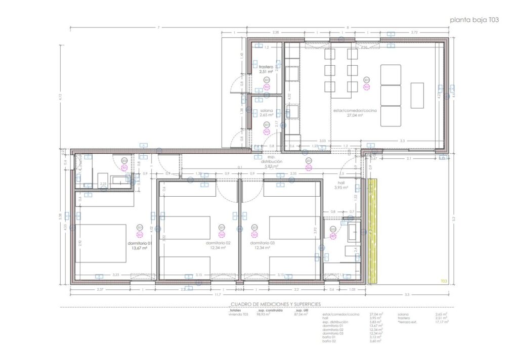 Planos arquitectónicos de la Tipología T03 - Vivienda Prefabricada en La Palma de 3 Dormitorios ( 1 tipo suite), 2 baños, estar/comedor/cocina, solana y almacén.